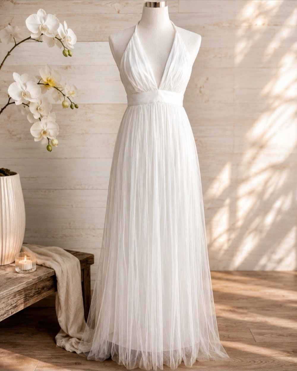 Windsor White Halter Maxi Dress Small Empire Waist Pleated